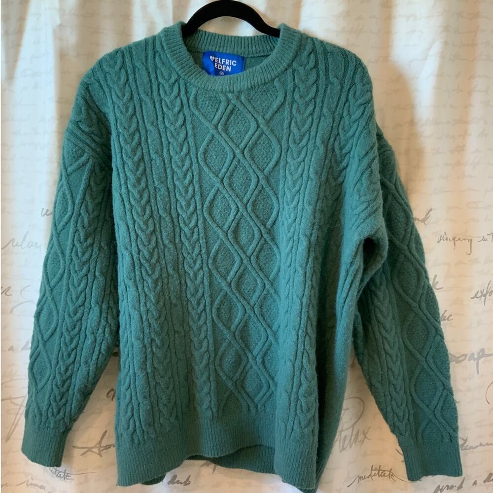 Elfric Eden Green Cable Knit Sweater Unisex Medium Green Grandpacore Cozy